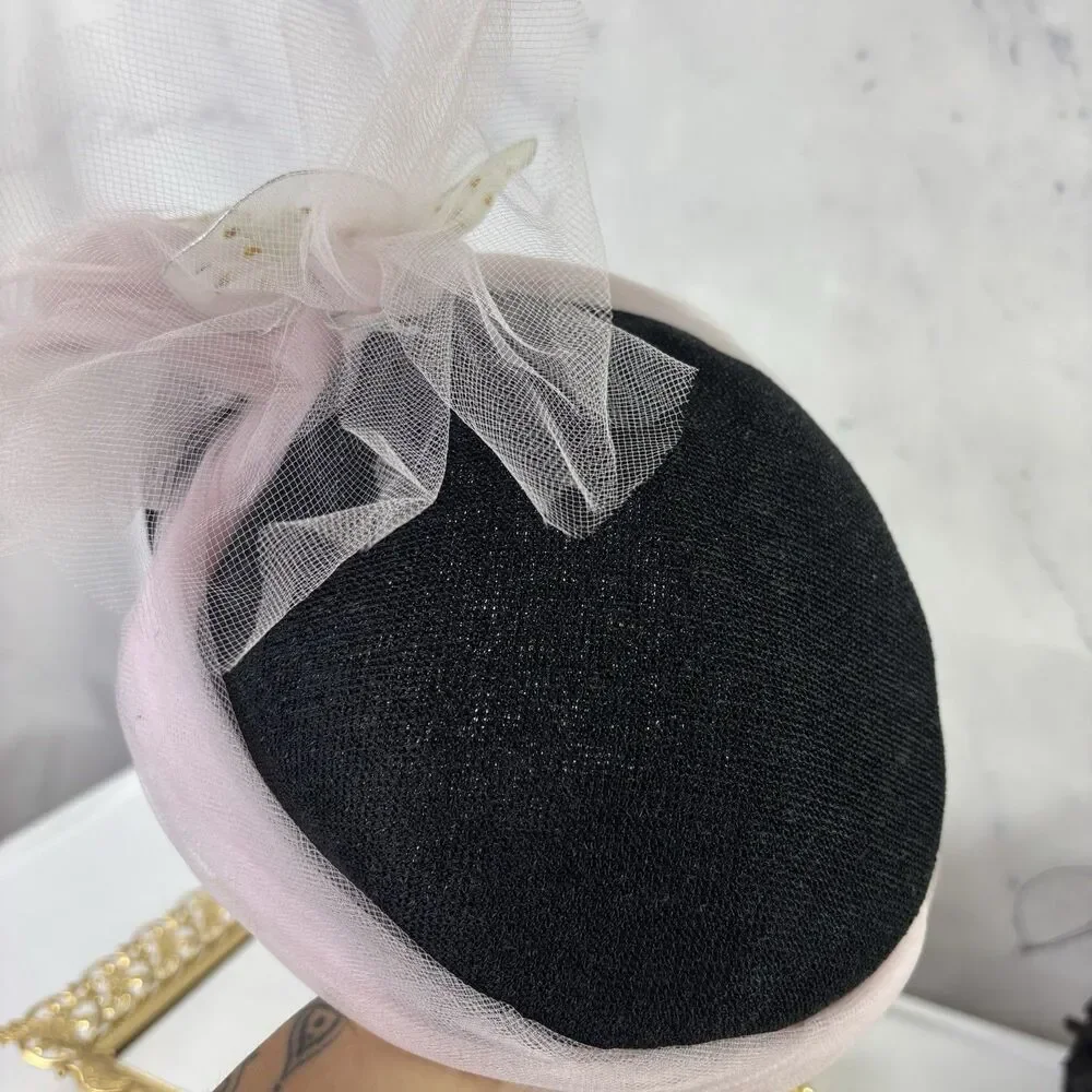 Vintage 1950s 60s Woven Cloche Hat Pink Tulle Bow Star Cocktail Fascinator MCM